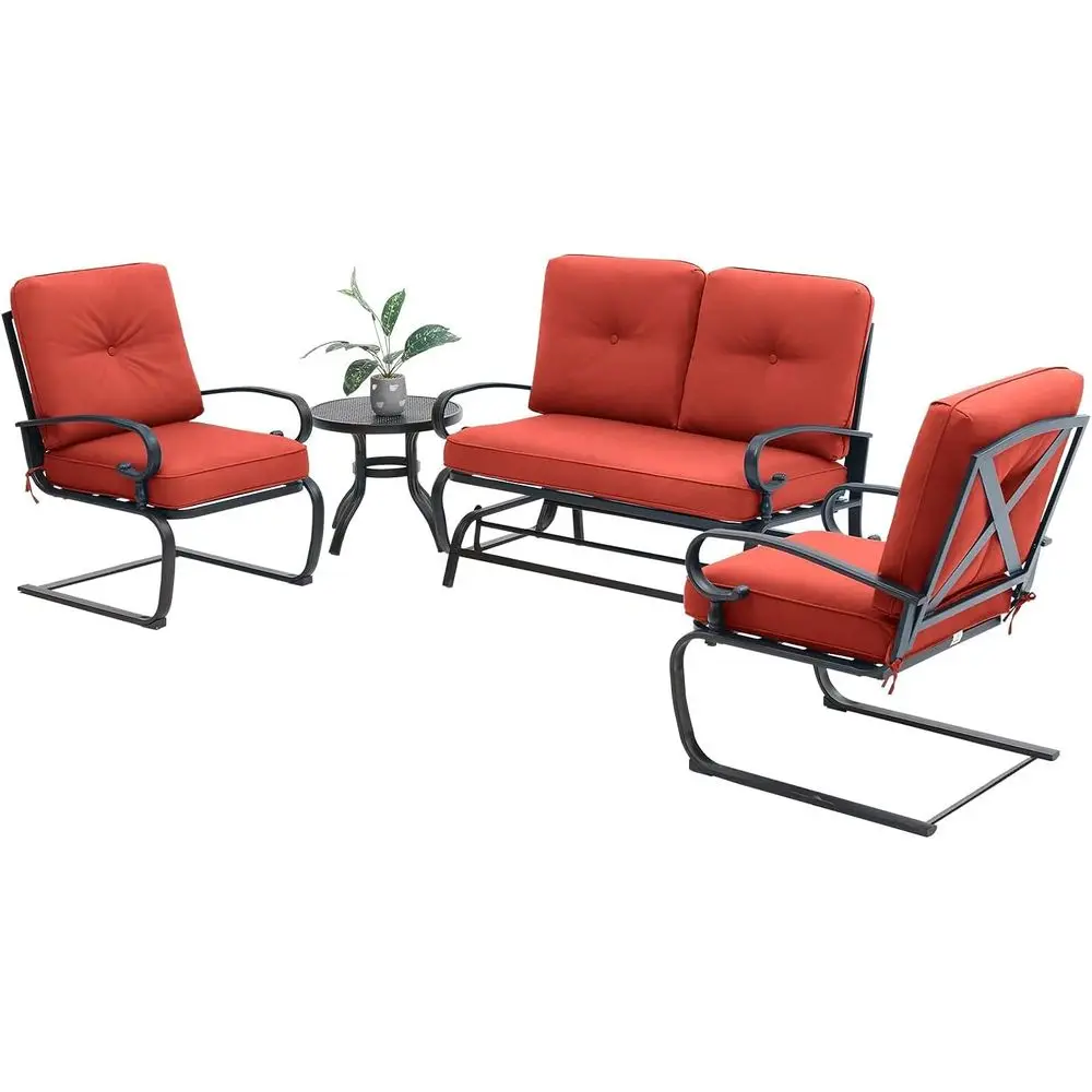 Outdoor Furniture Iron - 4-teiliges rotes Outdoor-Schmiedeeisen-Gartenmöbelset mit Glider-Liebessofa, 2