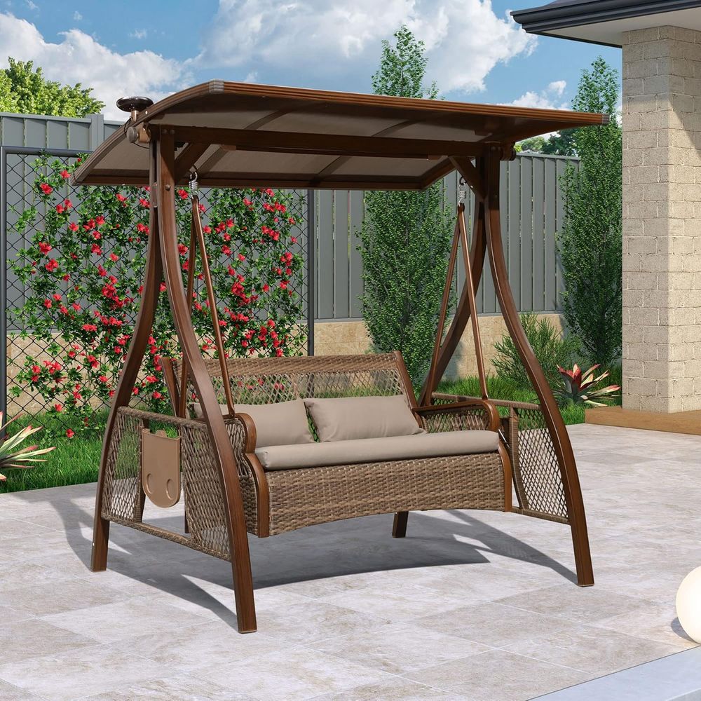 Outdoor Furniture Without Cushions - Terrassen-Schaukelstuhl für 2 Personen, handgeflochtenes Rattan-Gleitsessel-Set