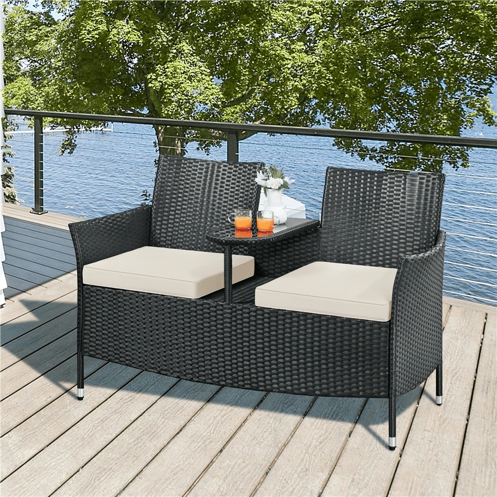 Outdoor Furniture Table And Chairs - Hochwertiger Outdoor-Doppelstuhl, 2-Sitzer, PE-Rattan, Gartenmöbel-Set, 385lb