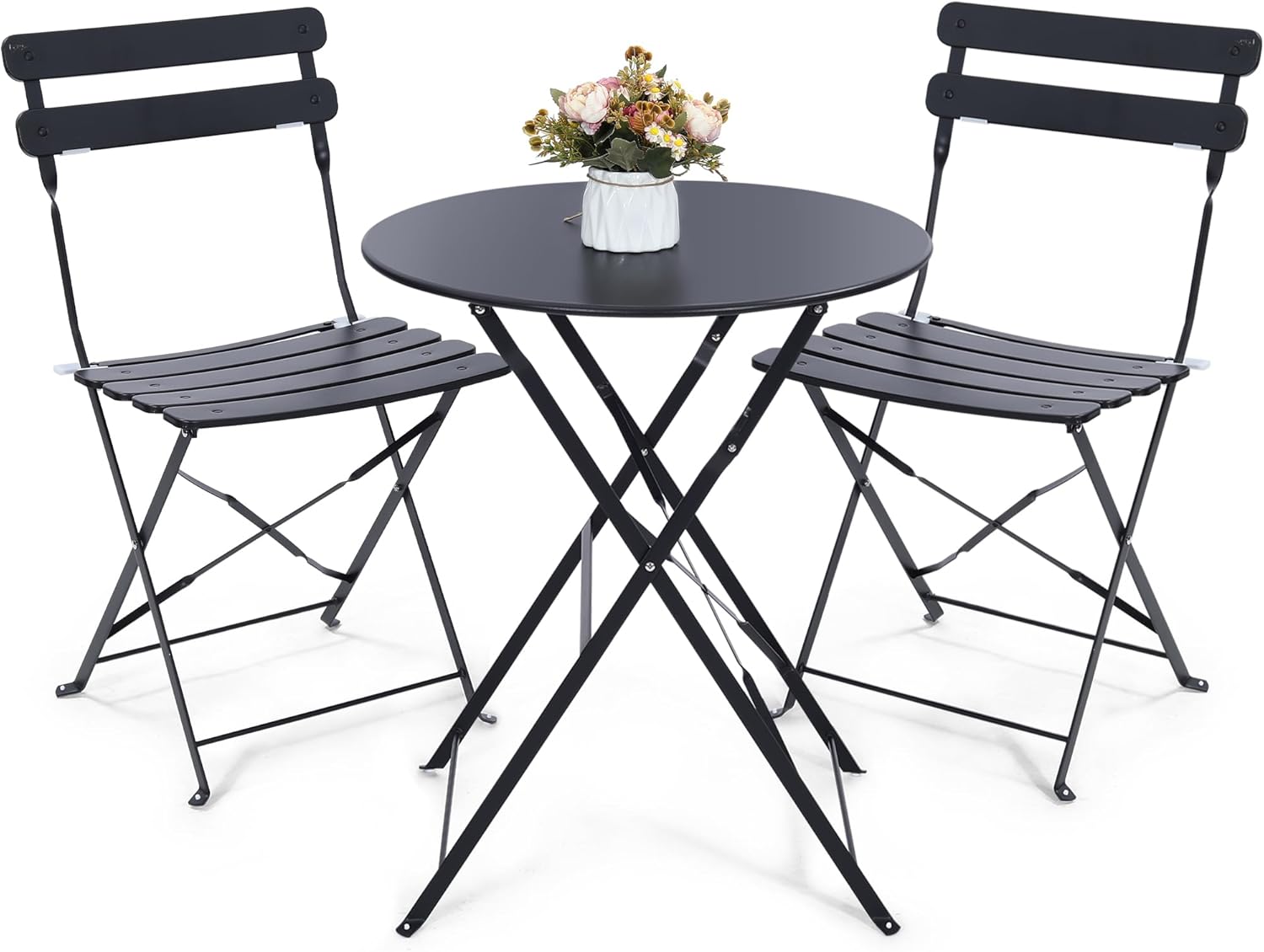Outdoor Furniture Table And Chairs - Platzsparendes schwarzes 3-teiliges klappbares Outdoor-Bistro-Set bestehend